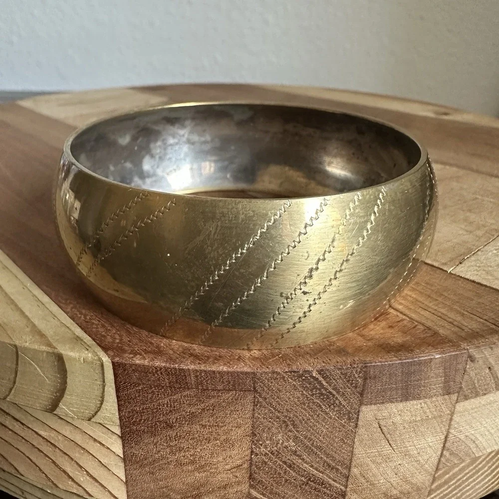 Vintage Brass Bangle Bracelet Size 8.5 Chunky Wide Etched Hammered Boho Gold